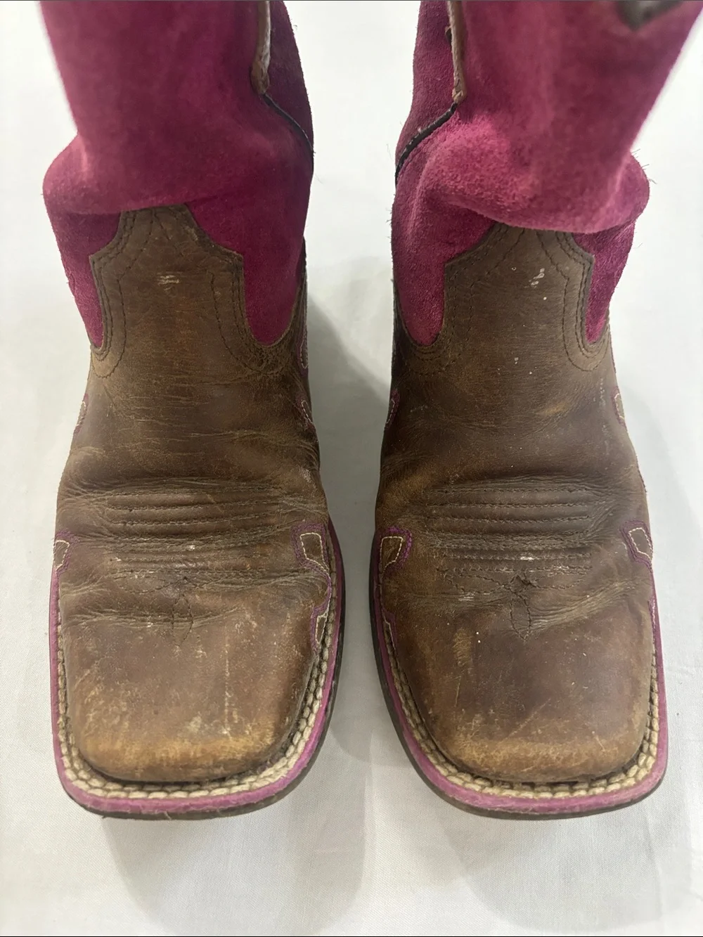 Ariat Girl’s Brown Leather and Magenta Suede Western Cowgirl Boots with Cross